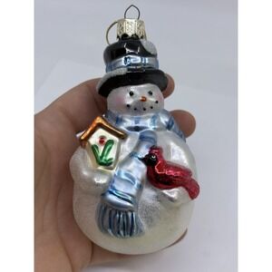 Vtg Snowman Red Cardinal Bird House Glass Christmas Ornament